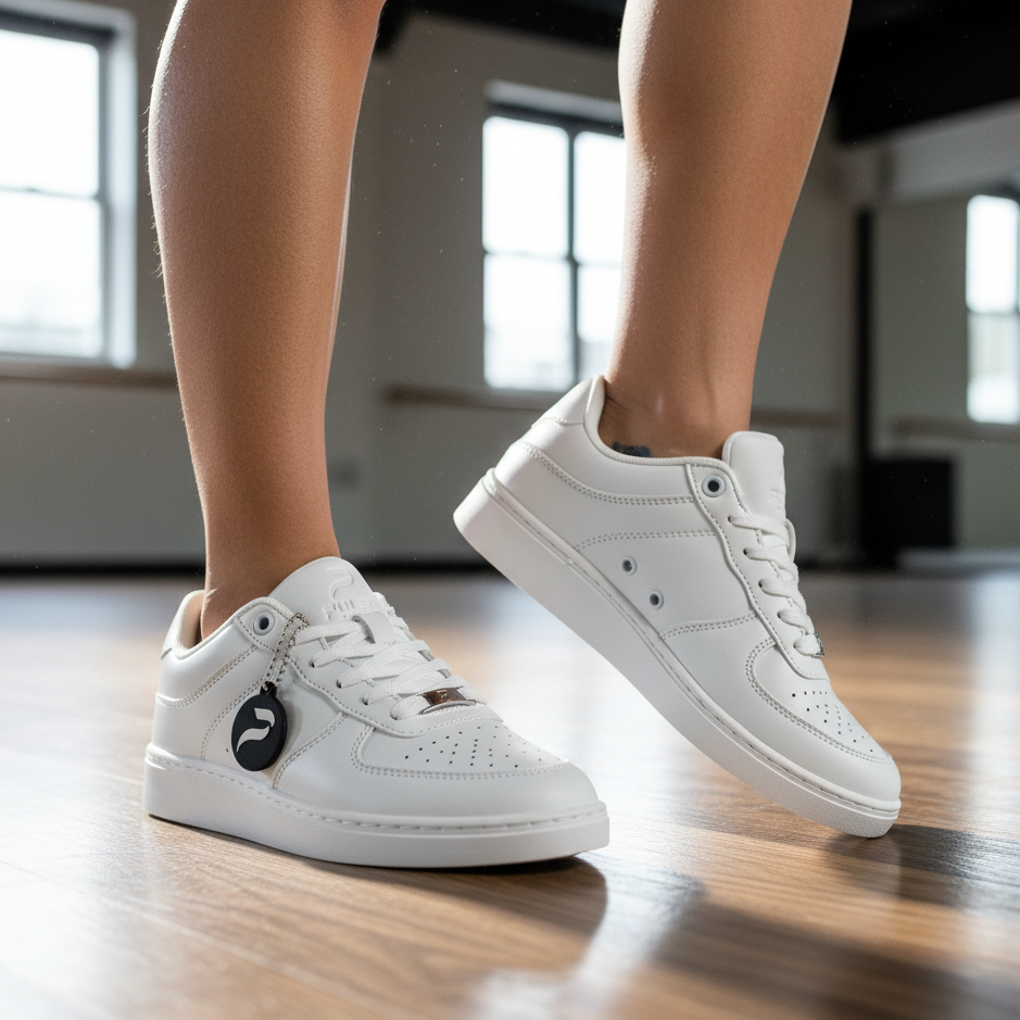 White dance sneakers on a wooden floor with a blurred indoor background