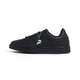 Black sneaker with a brand logo on a white background